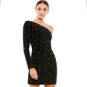 Mac Duggal Black One Shoulder Dress with White Accents